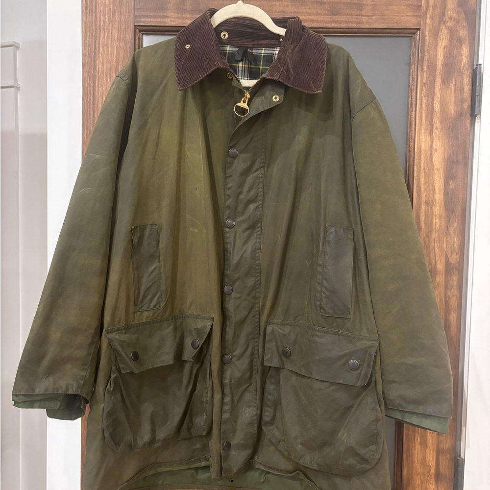 Men's Green Waxed Jacket with Brown Collar